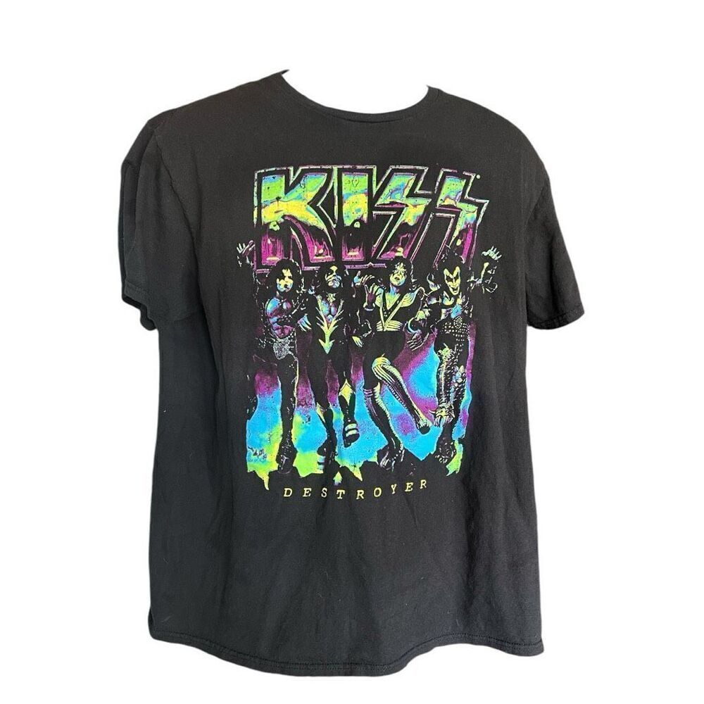 Unisex Kiss Destroyer Album Neon Fluorescent Black Cotton Concert Tee Shirt L